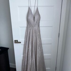 CHAMPAGNE/SILVER OPEN BACK SPARKLING GOWN
